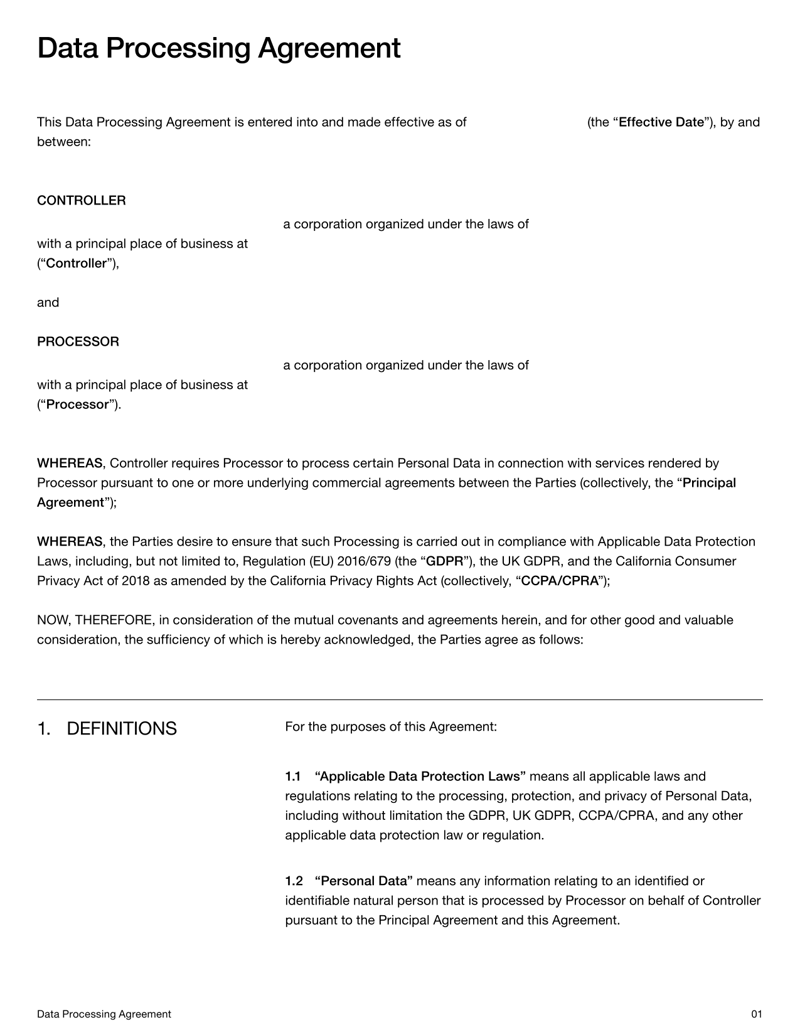 Data Processing Agreement for GDPR, UK GDPR and CCPA/CPRA compliance
