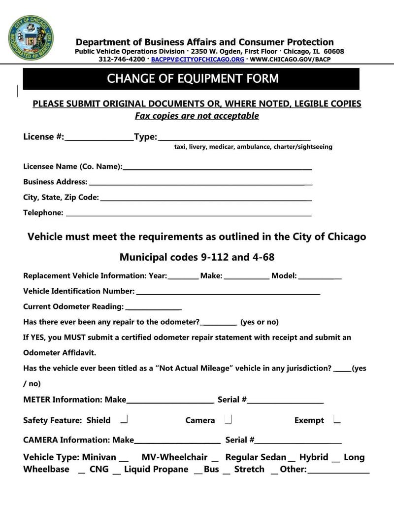 Large thumbnail of City of Chicago Change of Equipment Form