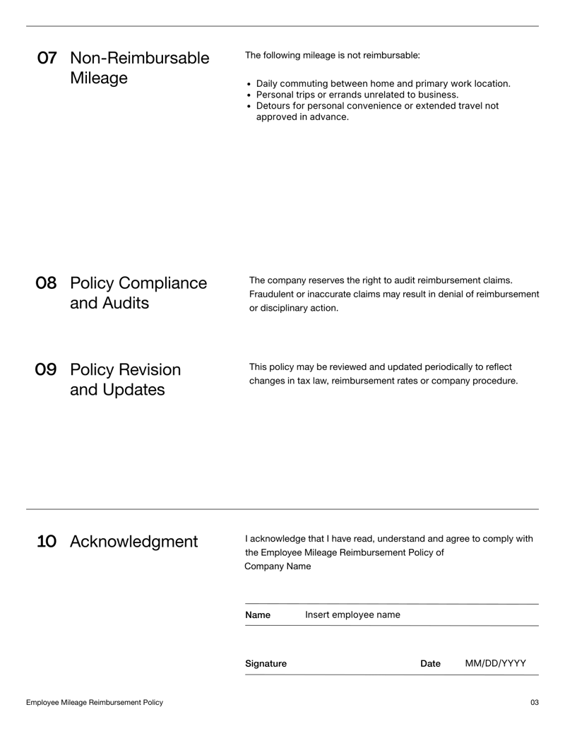 Employee Mileage Reimbursement Policy template describing eligibility, rate, documentation and claim procedures