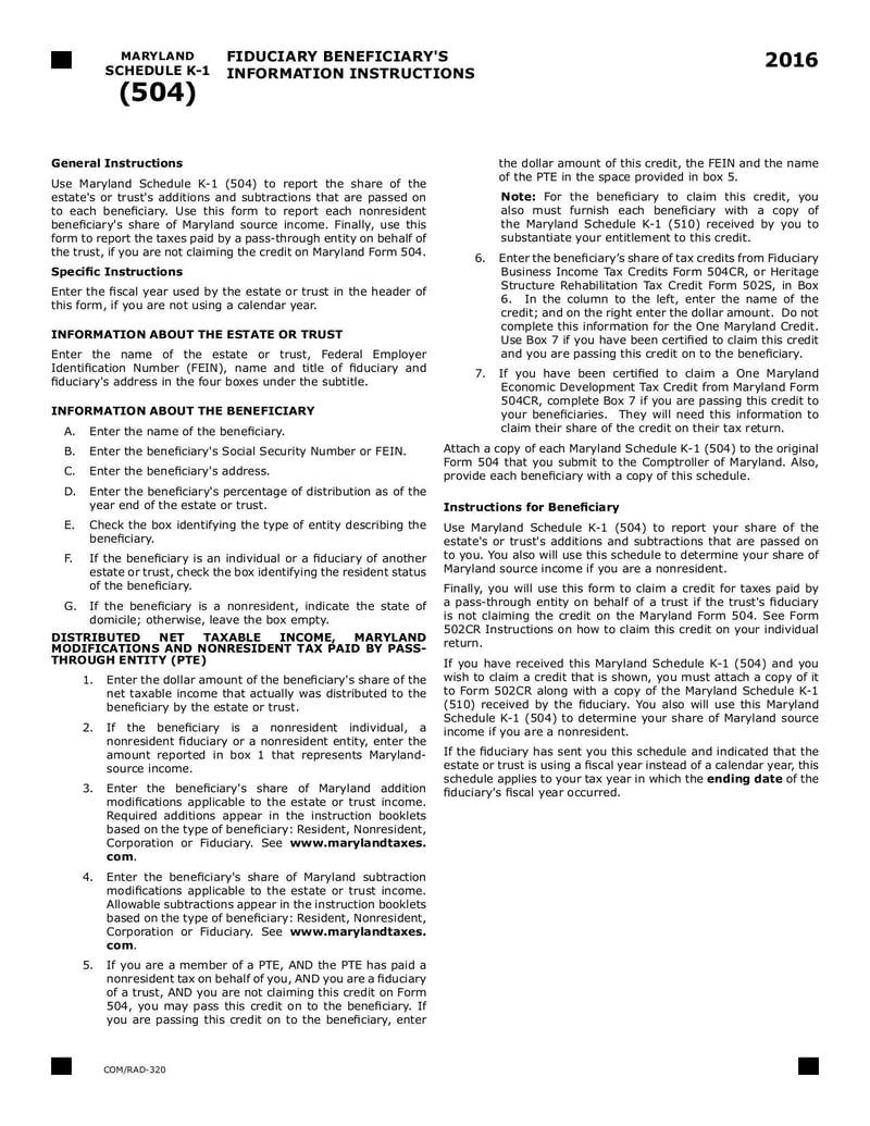 Large thumbnail of Maryland Schedule K-1 (504) - Sep 2017