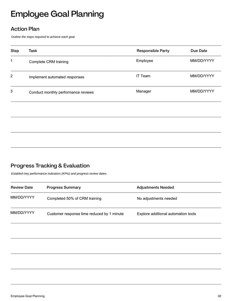 Employee Goal Planning Template for setting, tracking, and evaluating professional development and performance objectives