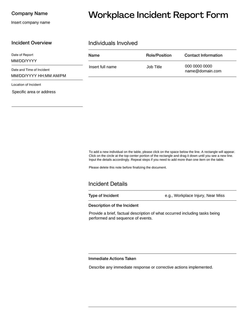 Workplace Incident Report Form for documenting details of incidents in the workplace