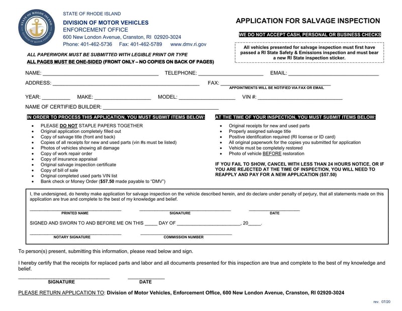 Large thumbnail of Rhode Island Application for Salvage Inspection (2020)