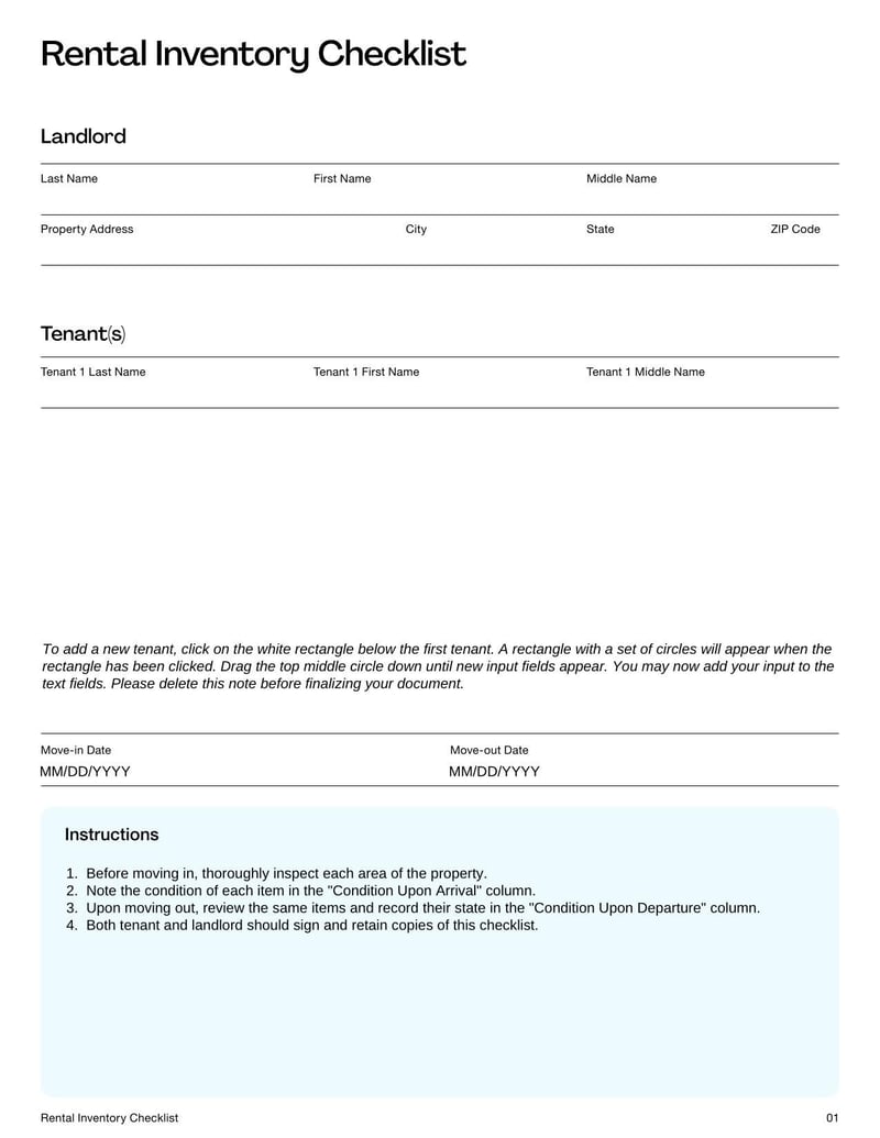 Rental Inventory Checklist for documenting the condition and items in a rental property