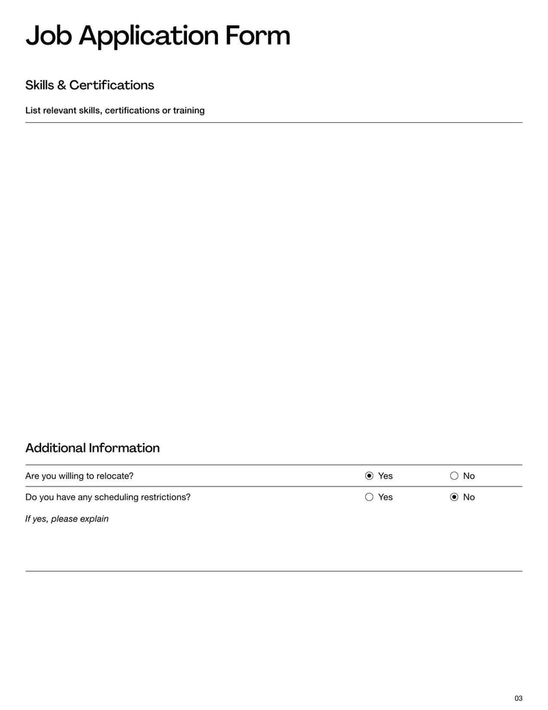 Standard Job Application Form for collecting candidate information during the hiring process