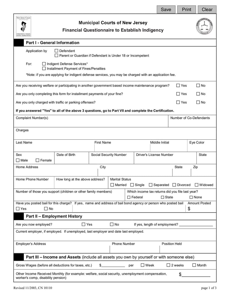 Large thumbnail of Financial Questionnaire to Establish Indigency - Nov 2003