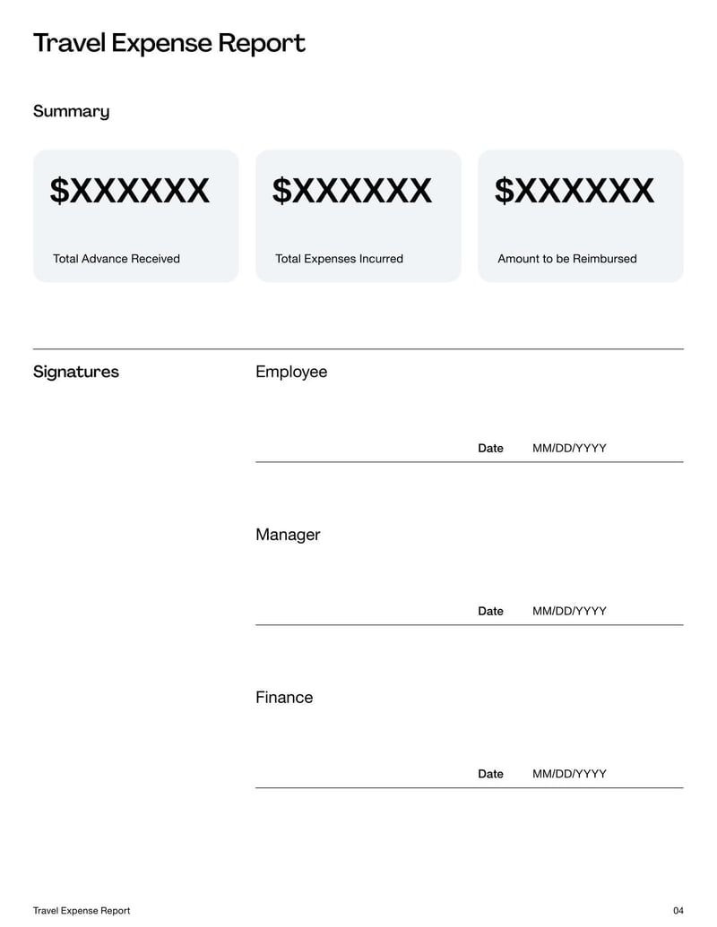 Travel Expense Report for documenting business-related travel costs and reimbursements