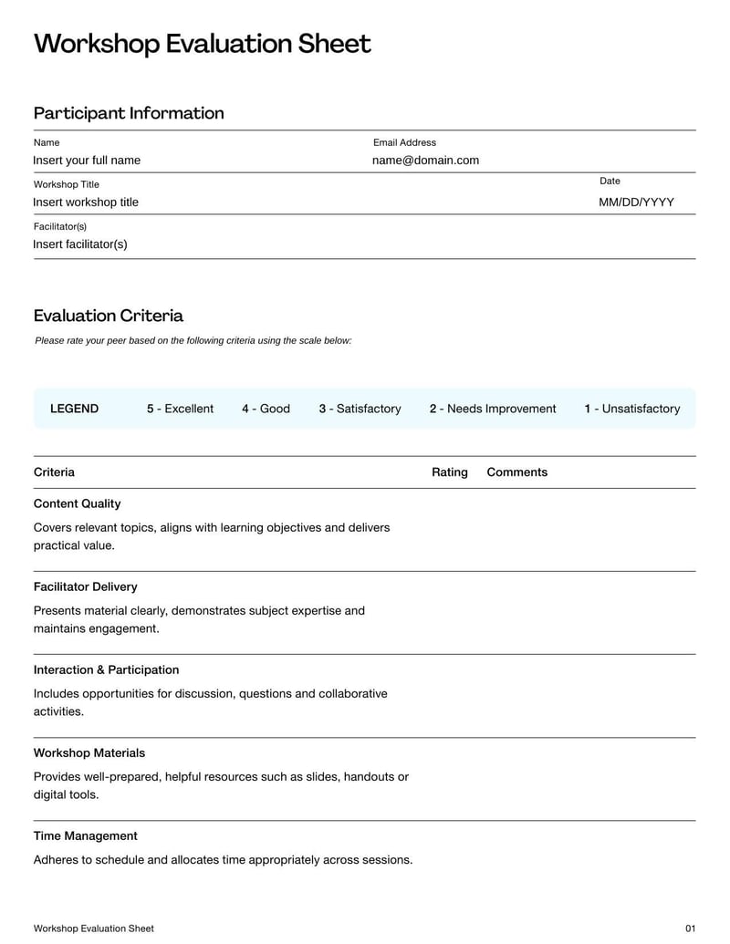 Workshop Evaluation Sheet for collecting participant feedback after a training or seminar

