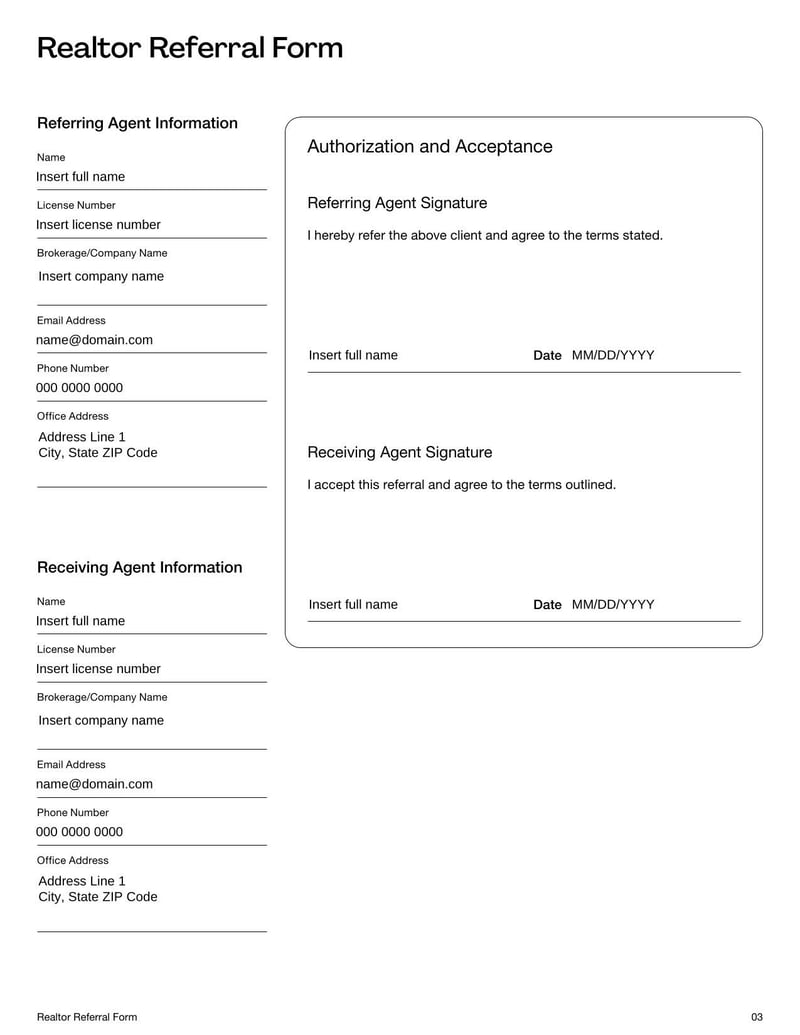 Realtor Referral Form for documenting and tracking real estate client referrals