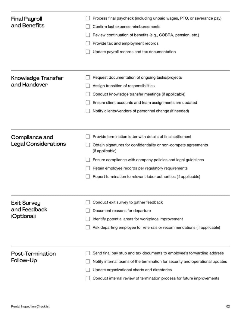 Employee Termination Checklist detailing steps and procedures for processing an employee's departure from the company