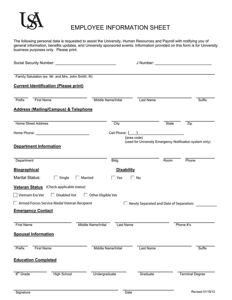 Large thumbnail of University of South Alabama Employee Information Sheet