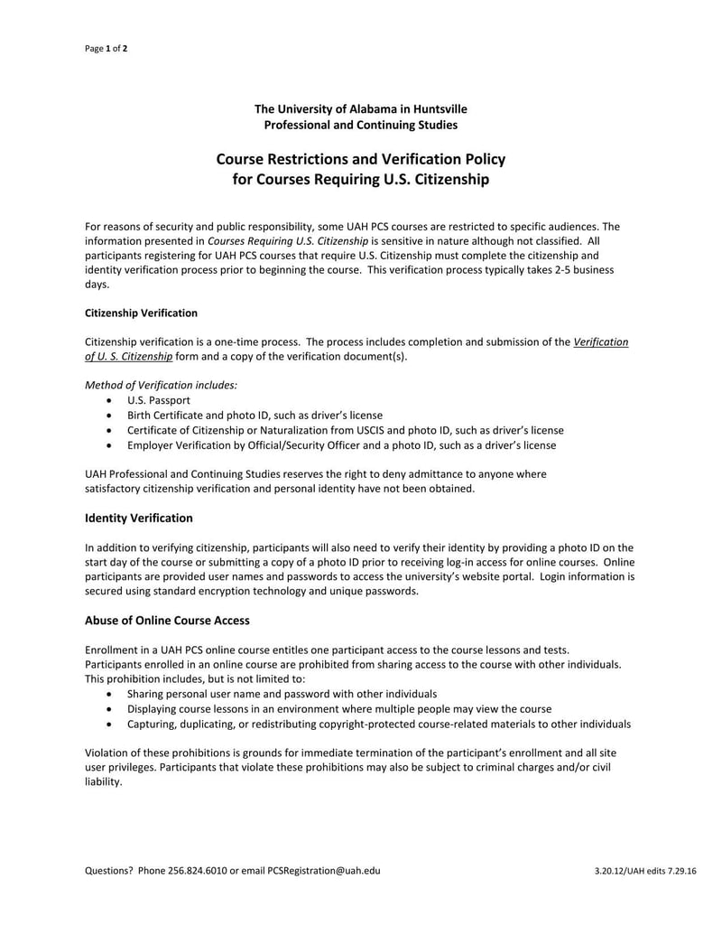 Large thumbnail of University of Alabama in Huntsville Verification of U.S. Citizenship Form