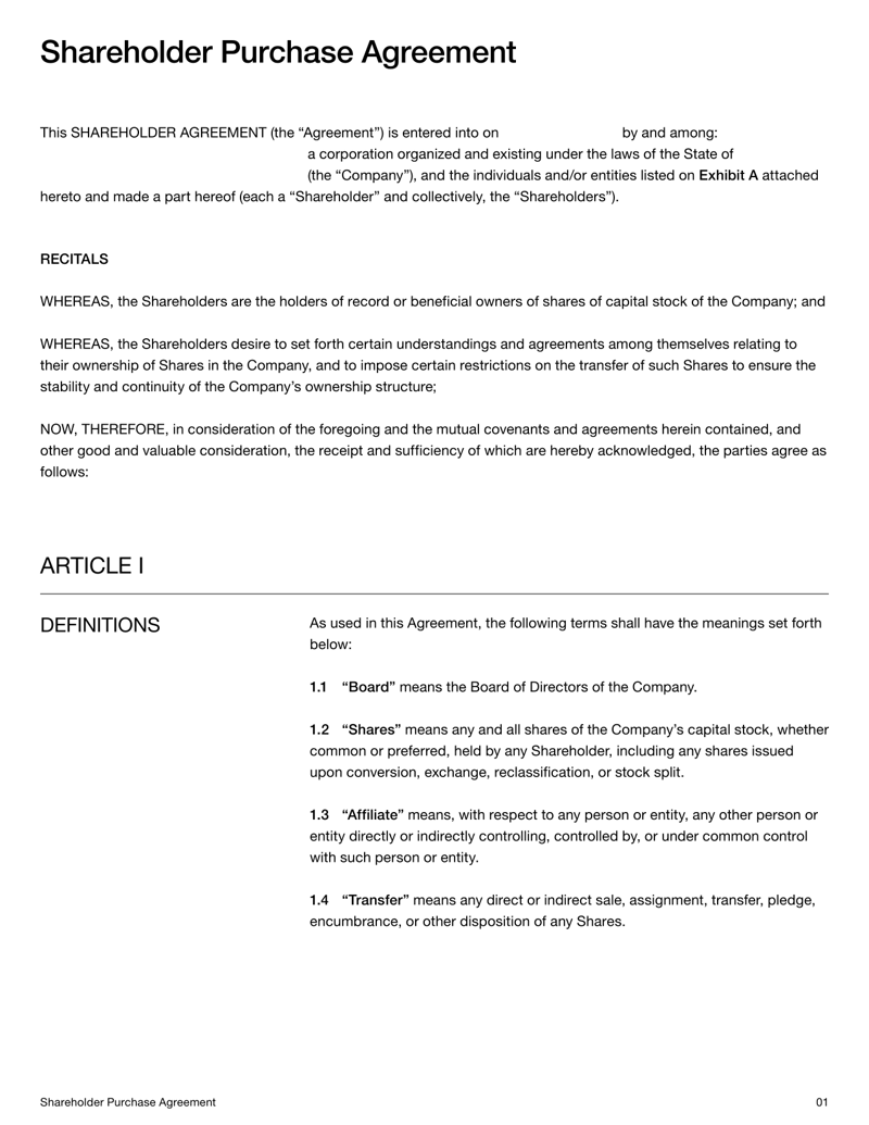 Startup Shareholder Agreement detailing shareholder rights, governance rules, ownership and dispute resolution