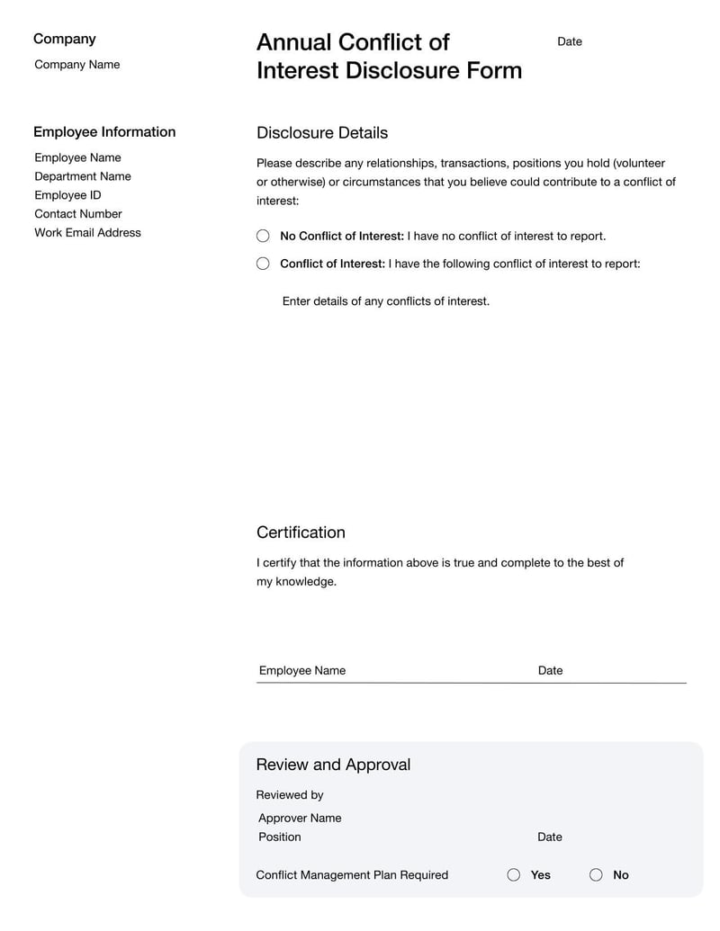 Annual Conflict of Interest Disclosure Form for employees to report potential workplace conflicts