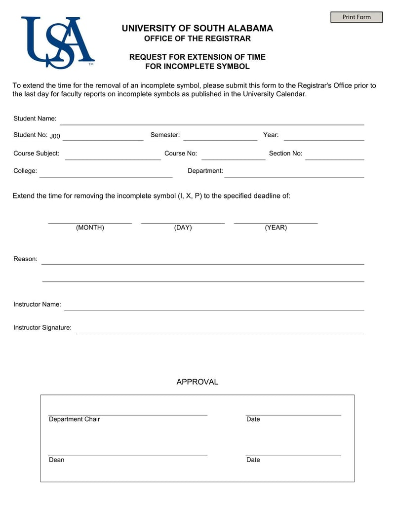 Large thumbnail of University of South Alabama Request for Extension of Time for Incomplete Symbol