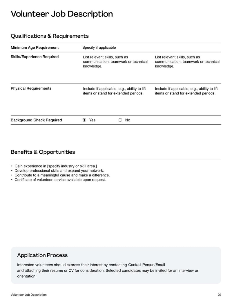 Volunteer Job Description Template for defining roles, responsibilities, and qualifications for volunteer positions