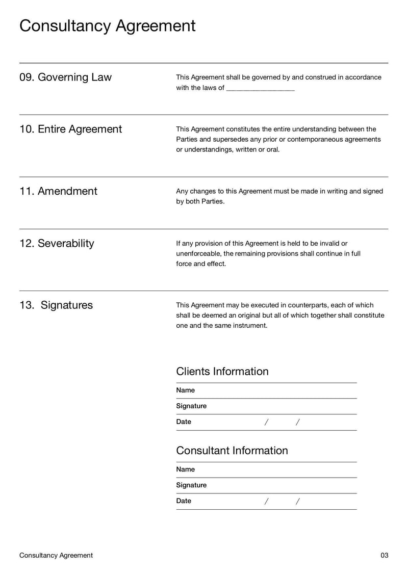 Consultancy Agreement Template for defining services, payment terms, responsibilities, and legal protections between consultant and client