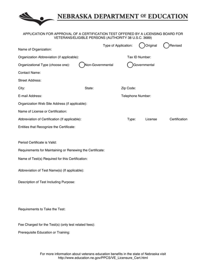 Large thumbnail of Nebraska Application for Approval of a Certification Test Offered by a Licensing Board for Veterans/Eligible Persons