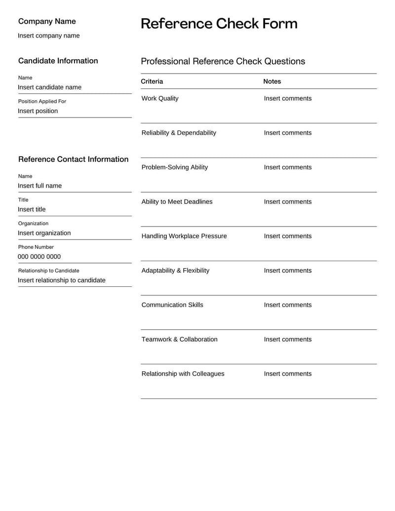 Reference Check Form for verifying candidate qualifications through previous employer feedback