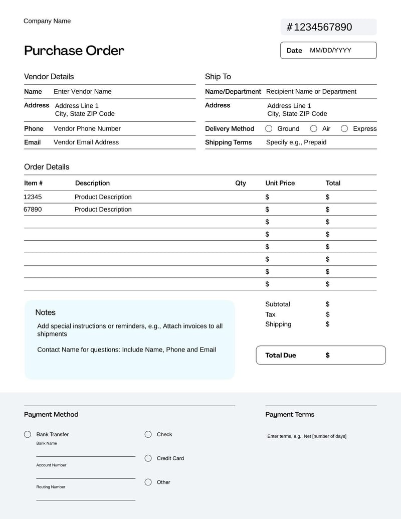 Basic Purchase Order Template for placing and tracking product orders