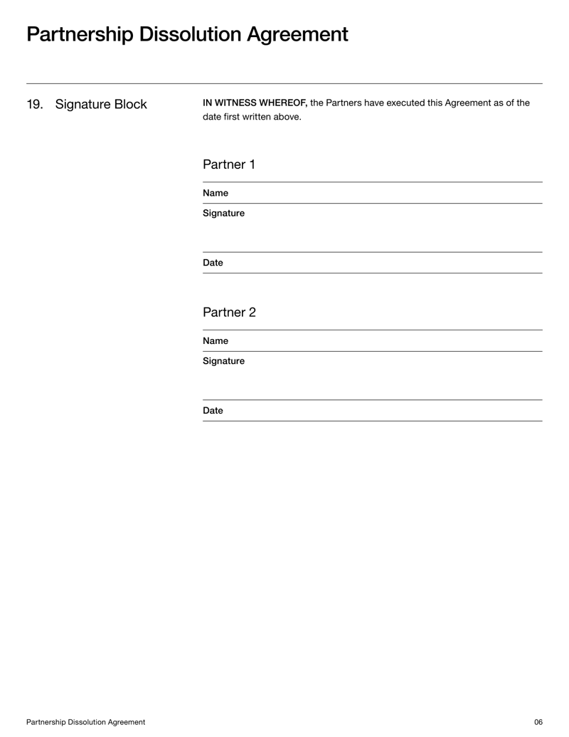 Partnership Dissolution Agreement detailing wind up procedures, asset division, liabilities and partner obligations