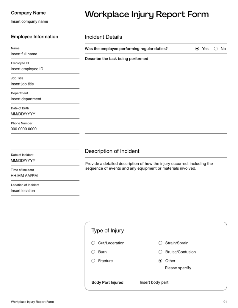 Workplace Injury Report Form with sections for employee details, incident description, witnesses, medical treatment and supervisor recommendations