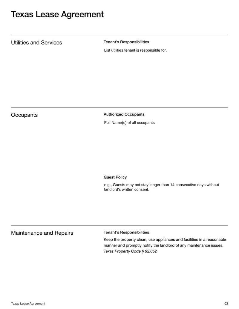 Texas Lease Agreement for rental terms in Texas