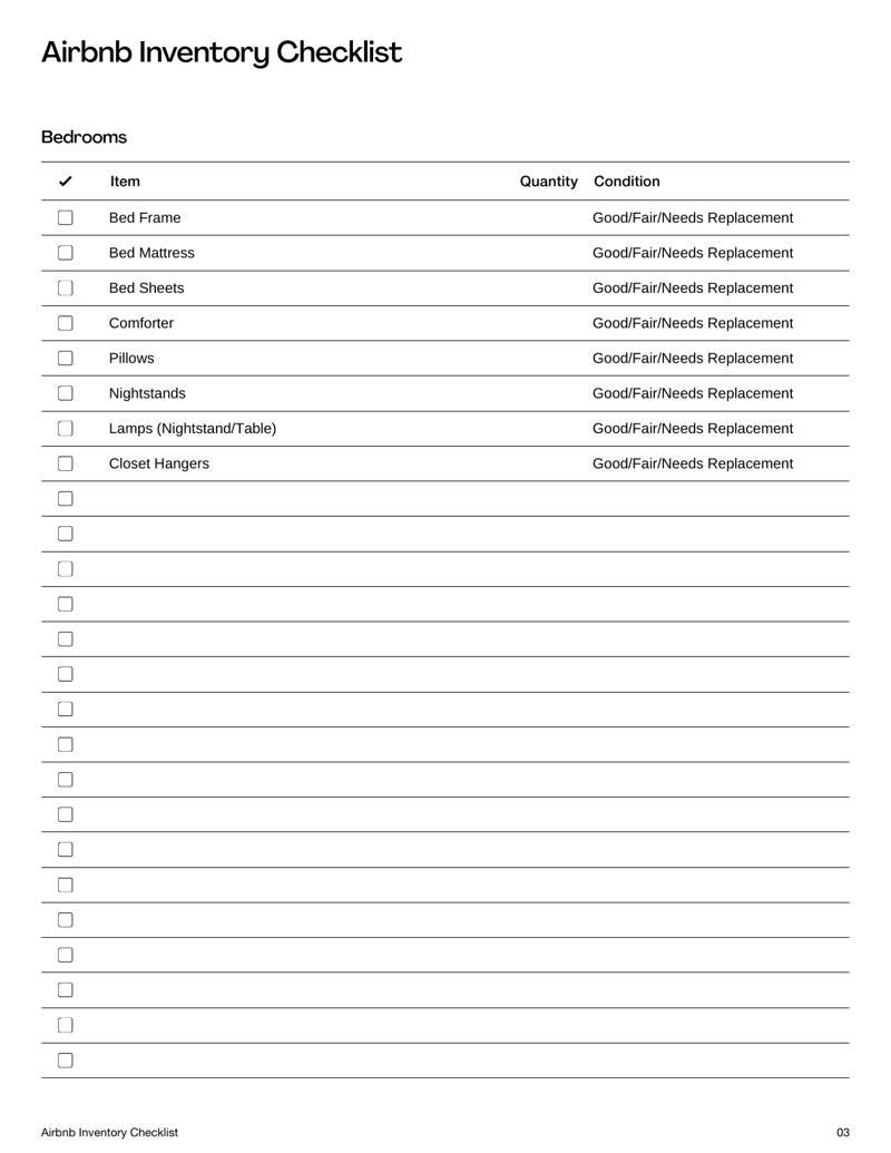 Airbnb Inventory Checklist for hosts to track property items, conditions and guest-ready supplies