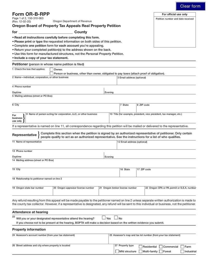 Large thumbnail of Oregon Board of Property Tax Appeals Real Property Petition (Form OR-B-RPP) - Dec 2020