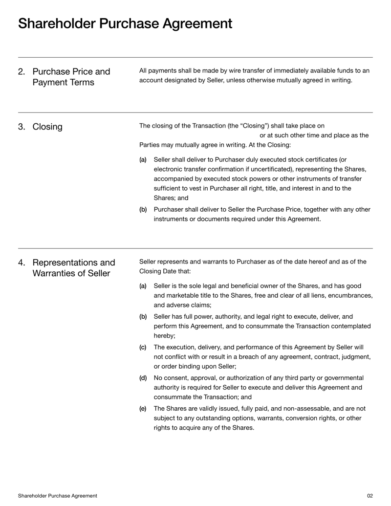 Shareholder Purchase Agreement with sections for share transfer terms, purchase price and dispute resolution