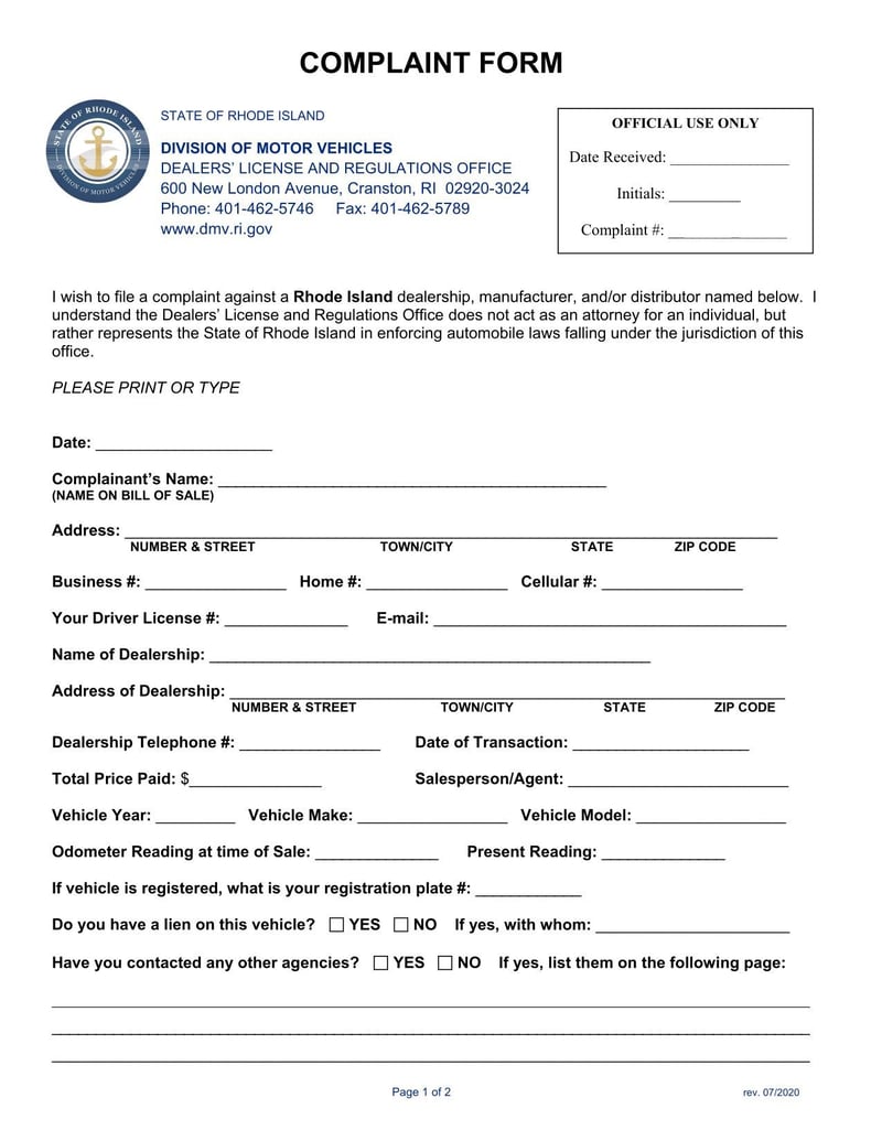 Large thumbnail of Rhode Island Dealership Complaint Form (2020)