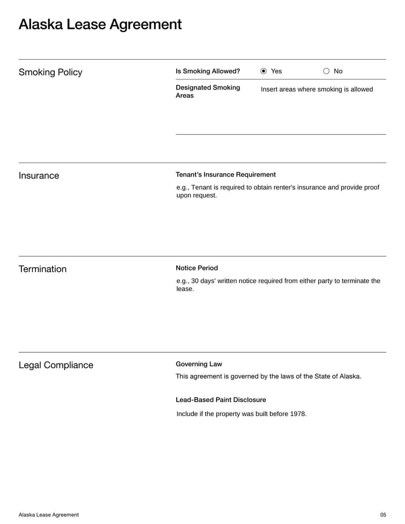 Alaska Lease Agreement for rental terms in Alaska
