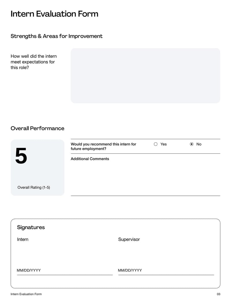 Intern Evaluation Form for assessing an intern’s performance, skills, and overall contribution