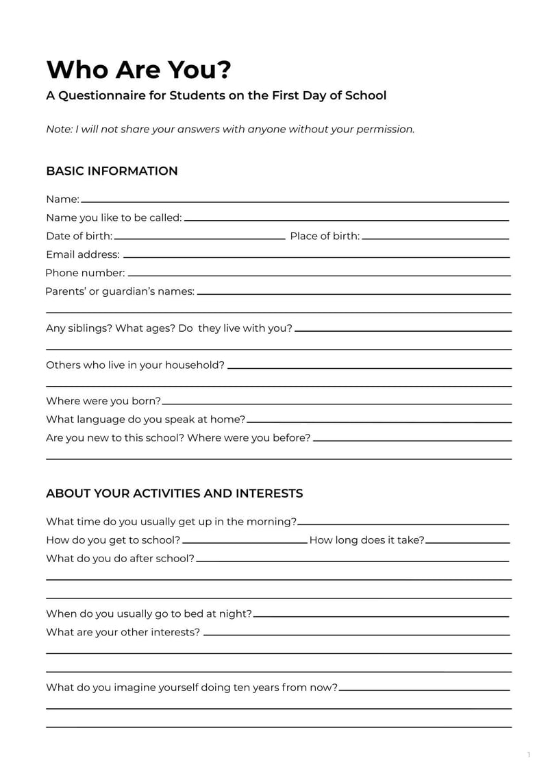 Thumbnail of First Day of School Survey Template - page 0