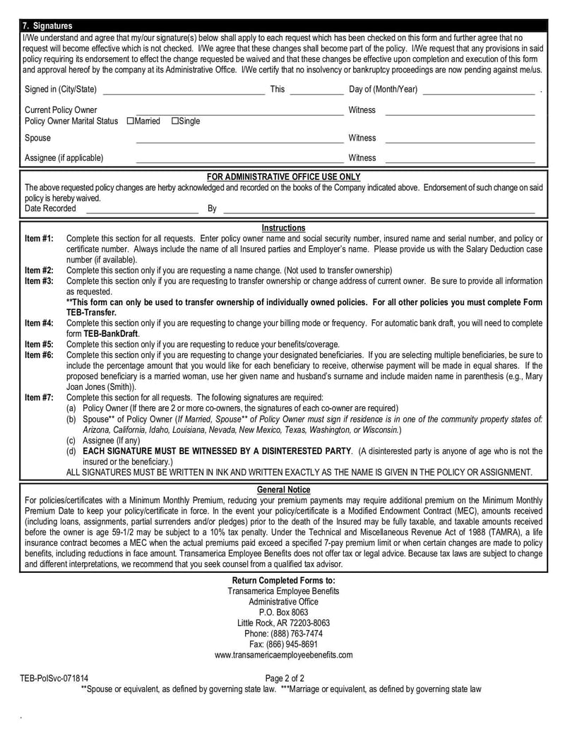 Large thumbnail of Transamerica Change Form - May 2019