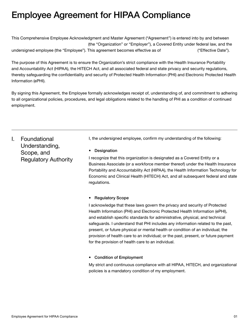 Employee HIPAA Compliance Form acknowledging responsibilities for PHI privacy, security and breach reporting