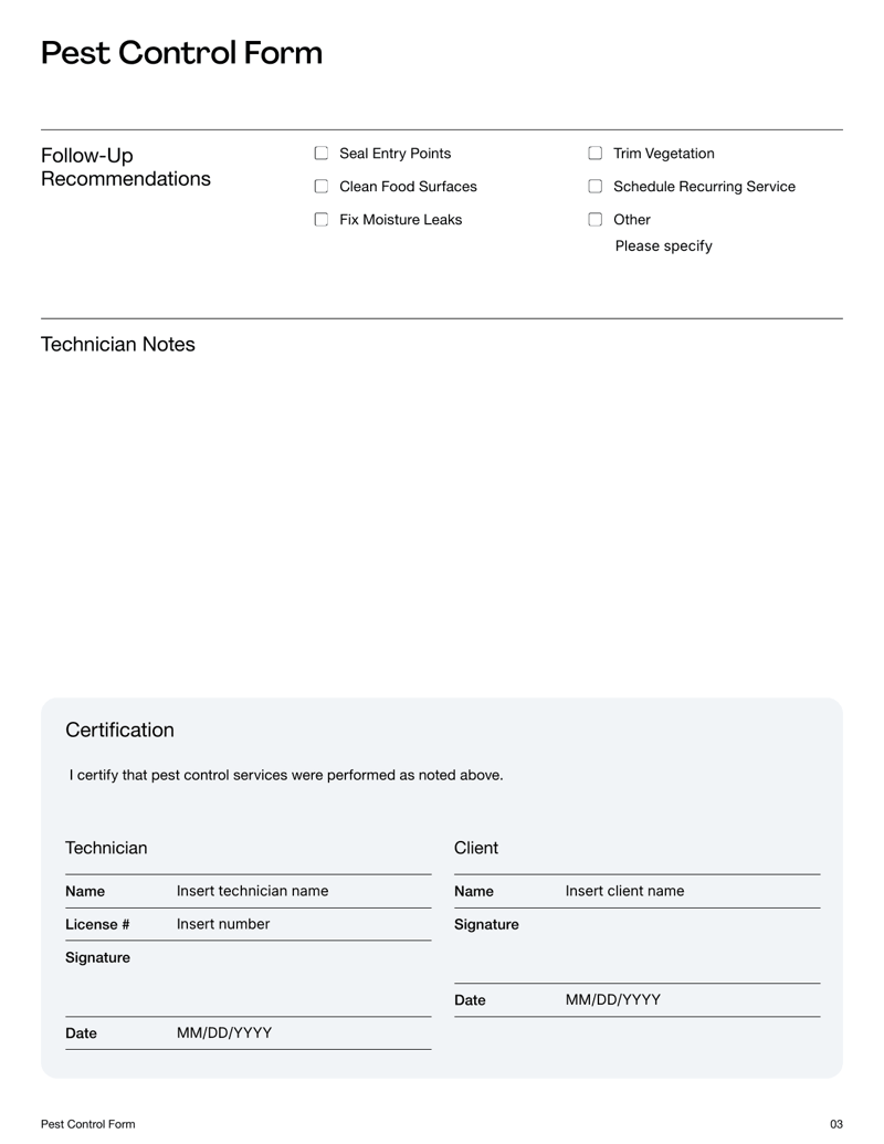 Pest Control Form for logging pest activity, treatments and technician service records