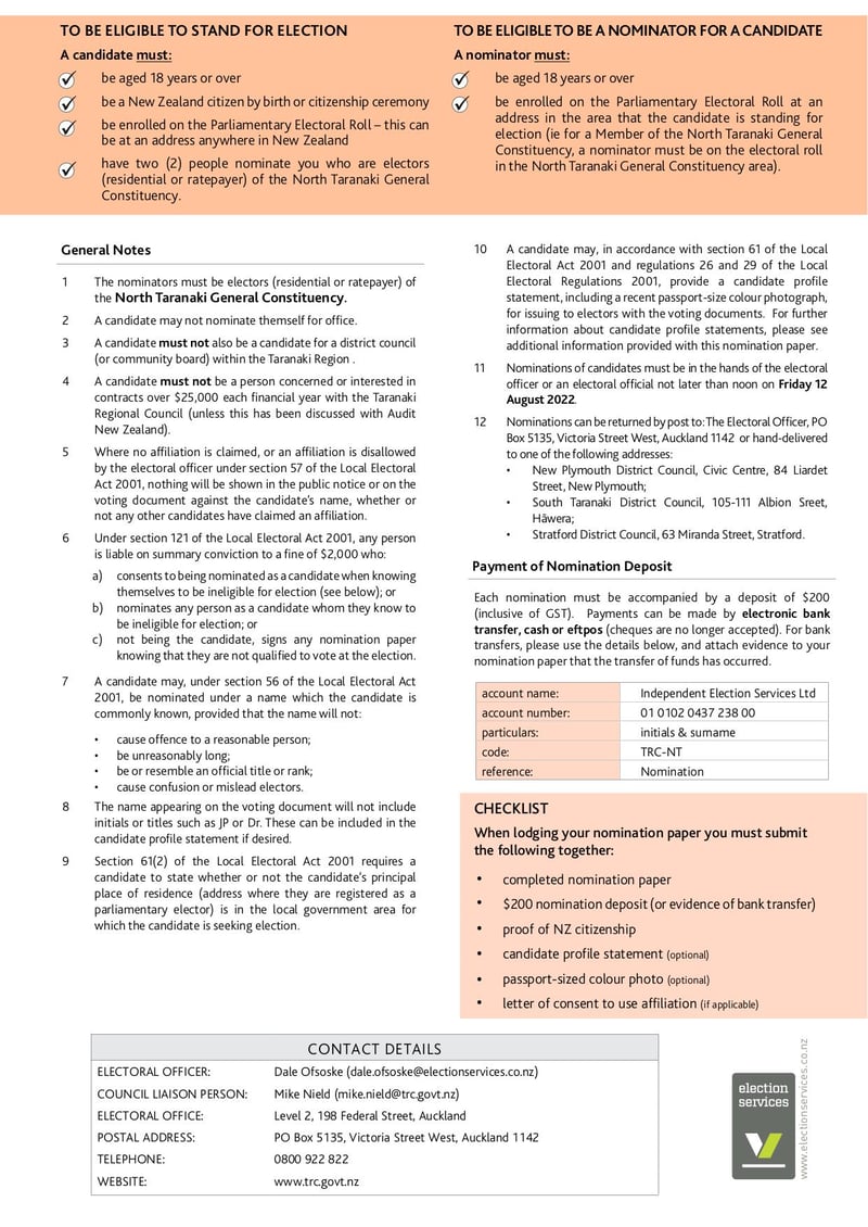 Large thumbnail of North Taranaki General Constituency Nomination Paper - Jul 2022