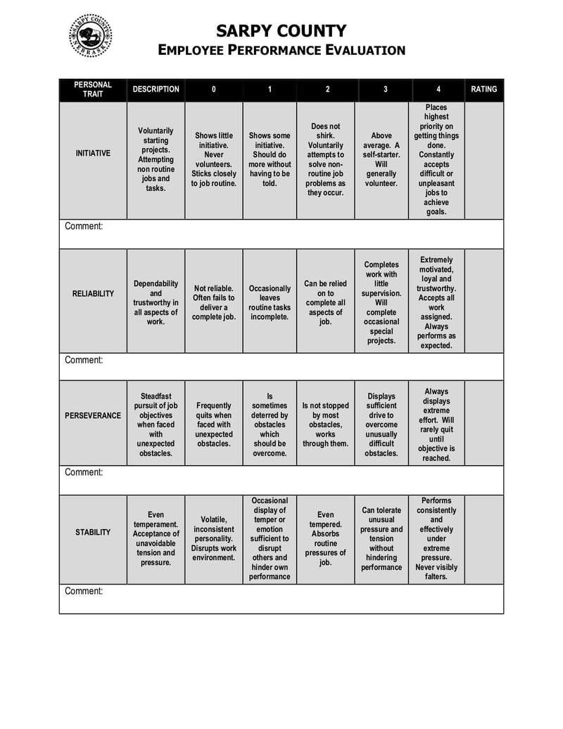 Large thumbnail of Performance Evaluation Form - Oct 2018