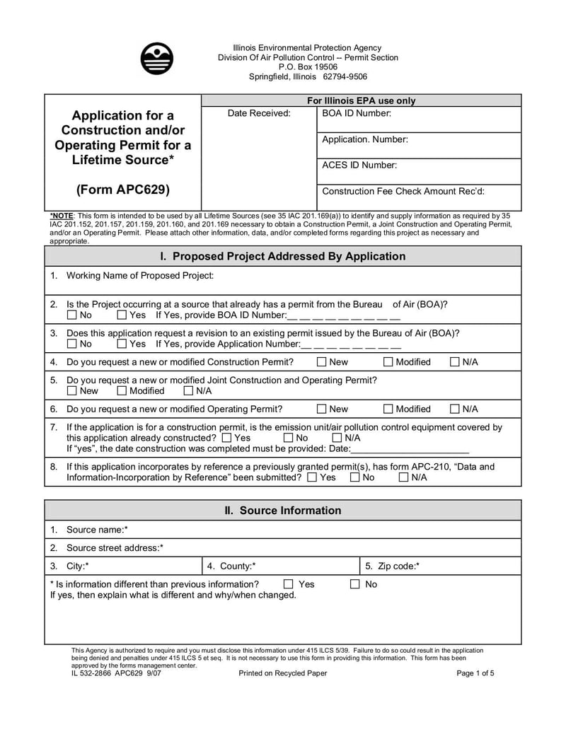Large thumbnail of APC629 - Application for a Construction and/or Operating Permit for a Lifetime Source - Oct 2007