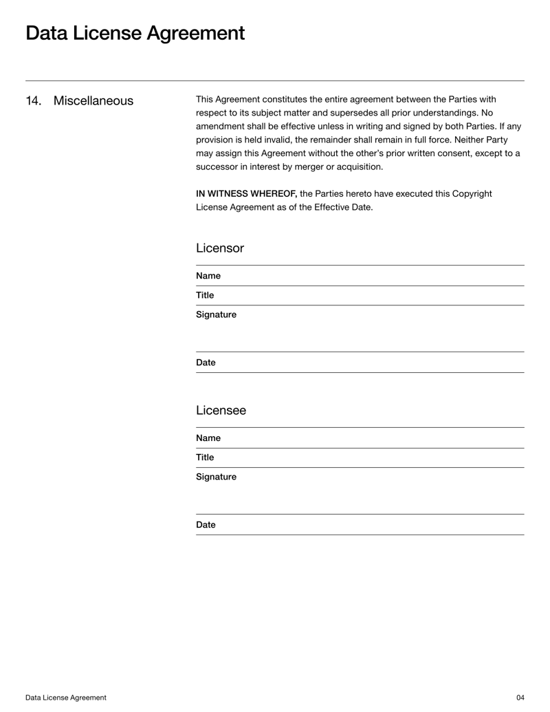Data License Agreement Template defining data usage terms, confidentiality and compliance obligations

