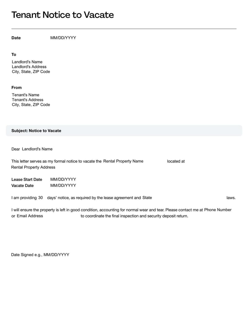 Tenant Notice to Vacate form informing landlords of a tenant’s intent to leave a rental property