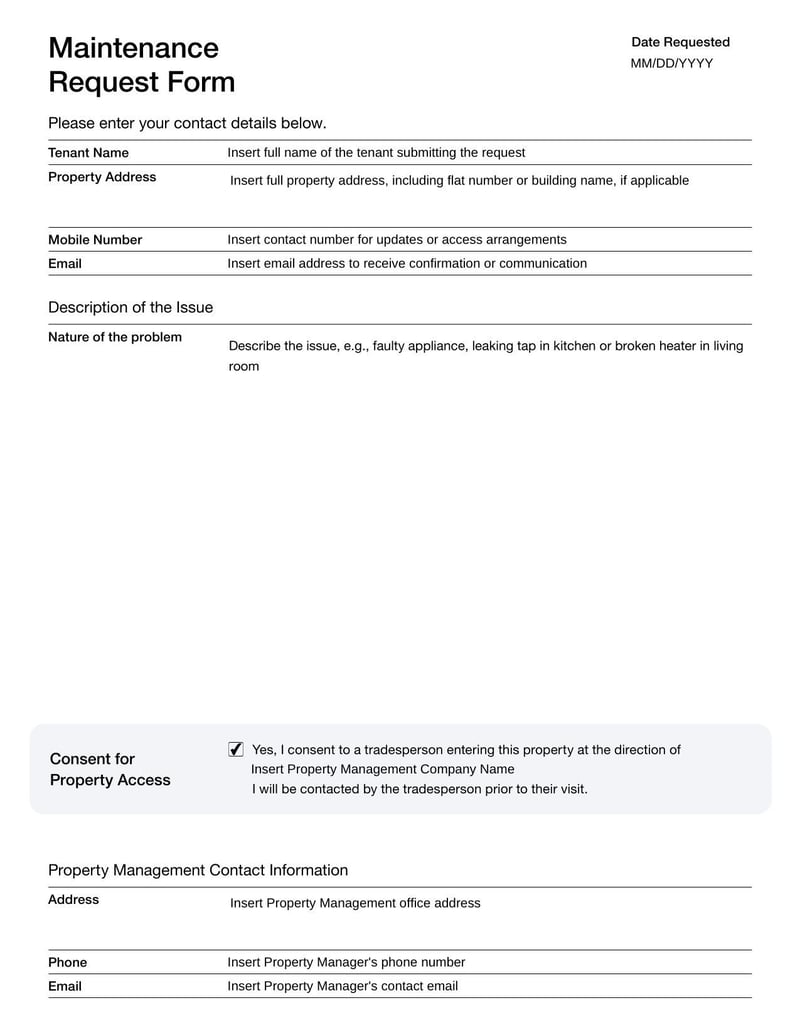 Maintenance Request Form for New Zealand to request home repairs