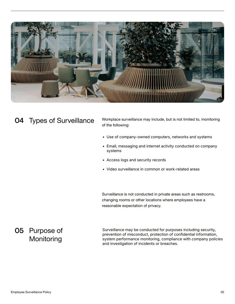 Employee Surveillance Policy document explaining workplace monitoring practices, privacy safeguards and acknowledgment section