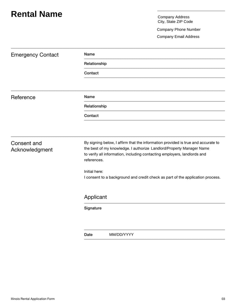 Illinois Rental Application Form for sharing rental background in Illinois