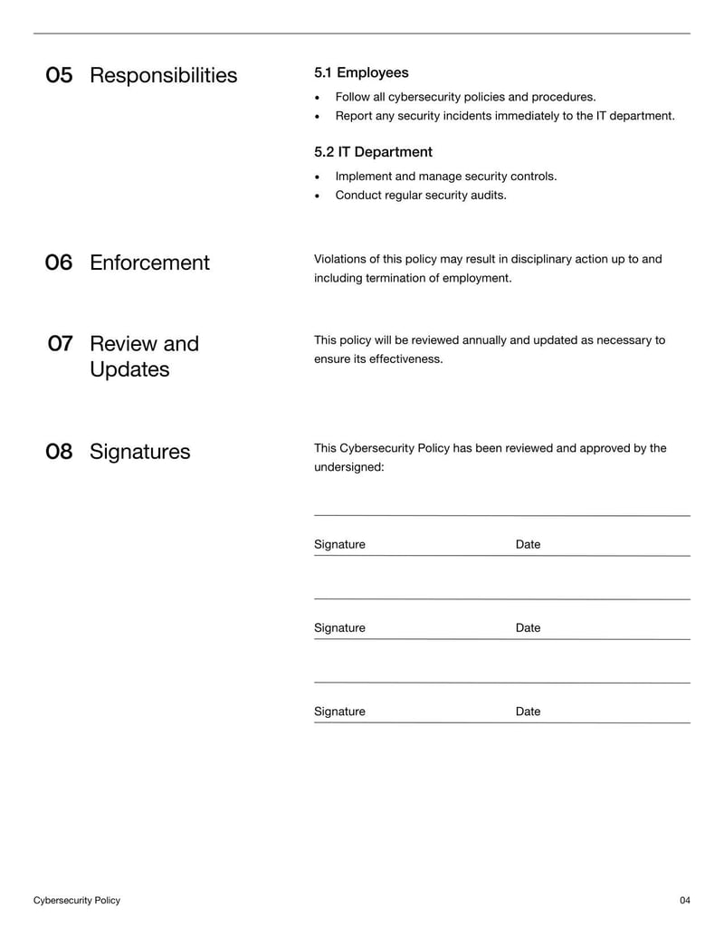 Cybersecurity Policy Document detailing data protection, password management, and IT security practices