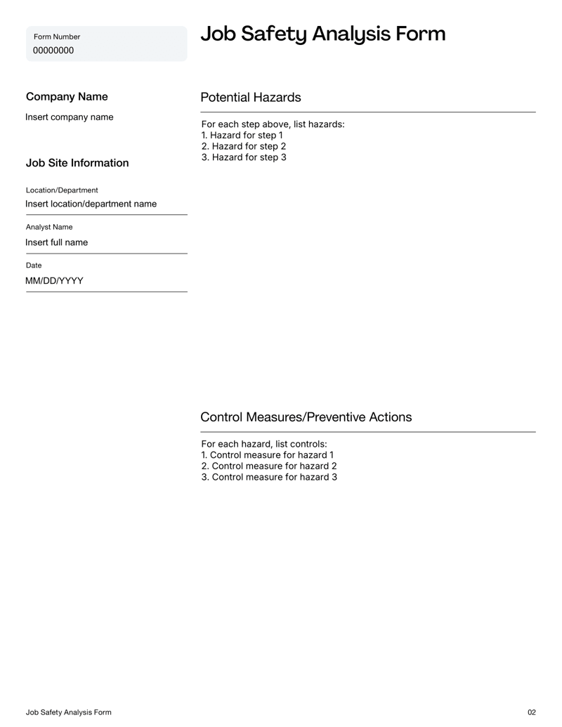 Job Safety Analysis Form with fields for job step sequence, hazards, control measures, risk rating and follow-up actions