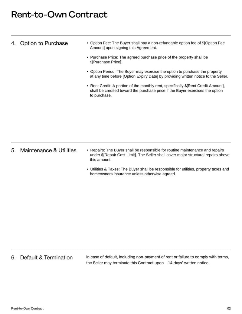 Rent to Own Contract detailing terms for leasing a property with an option to purchase, including payment schedule, purchase price, and tenant-buyer obligations