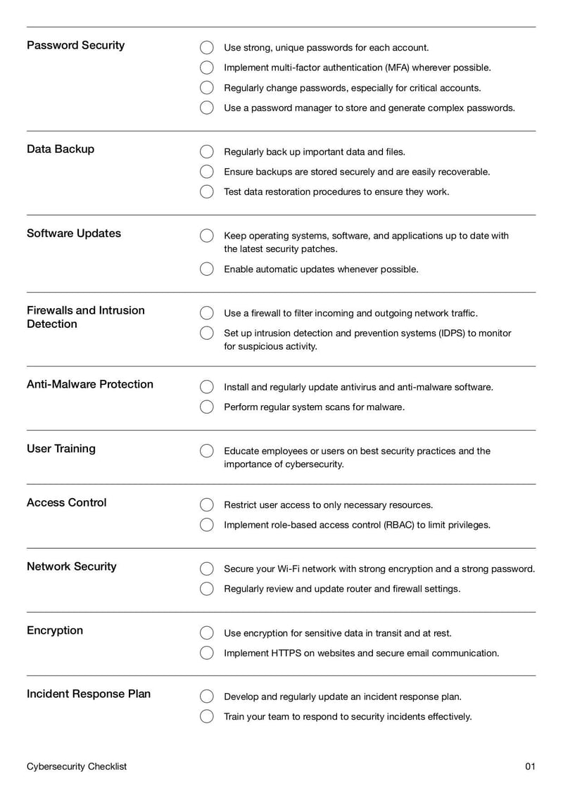 Cybersecurity Checklist covering essential security measures, risk assessments, and best practices for data protection