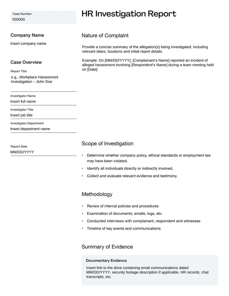 HR Investigation Report Template for documenting findings and outcomes of workplace investigations